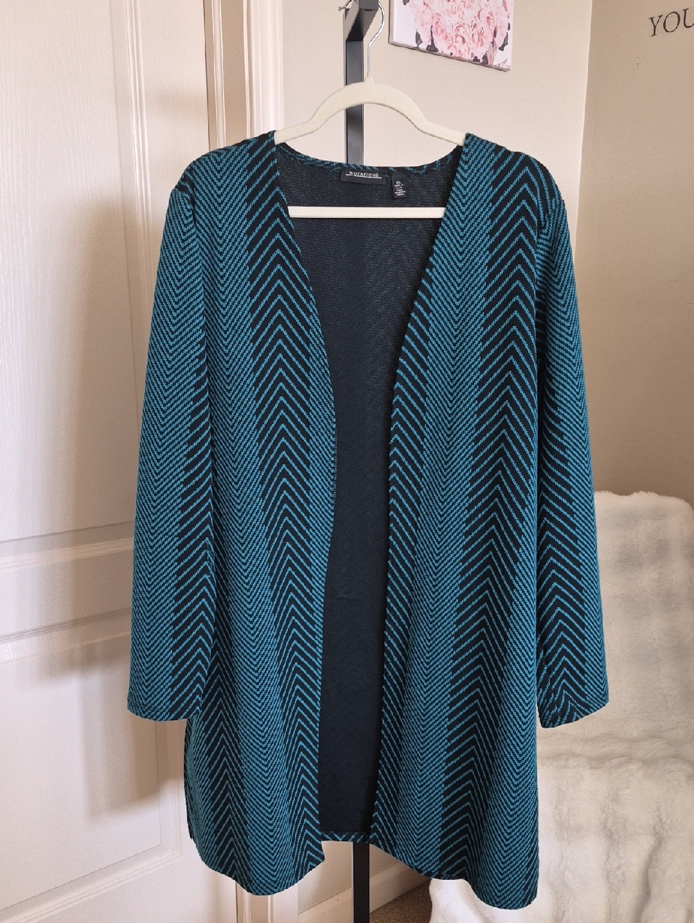 Notations Vintage Teal and Black Chevron Open-Front Cardigan Size XL